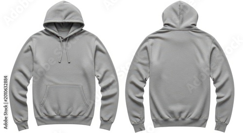 Front and back view of a plain grey pullover hoodie with drawstrings on a white background