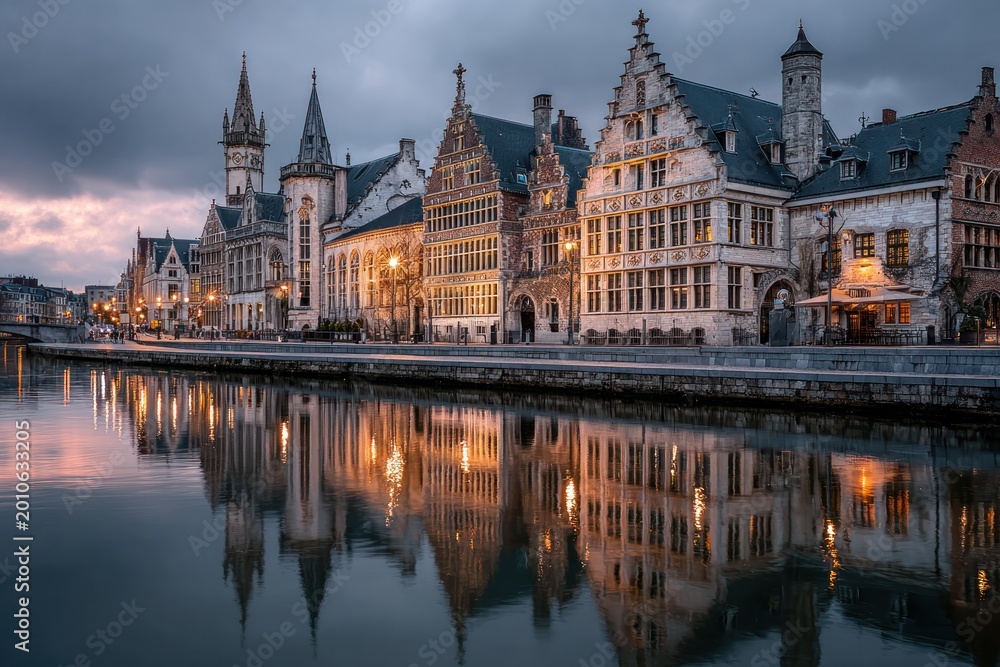 Fototapeta premium Ghent Medieval Skyline At Dusk Dramatic Belgium