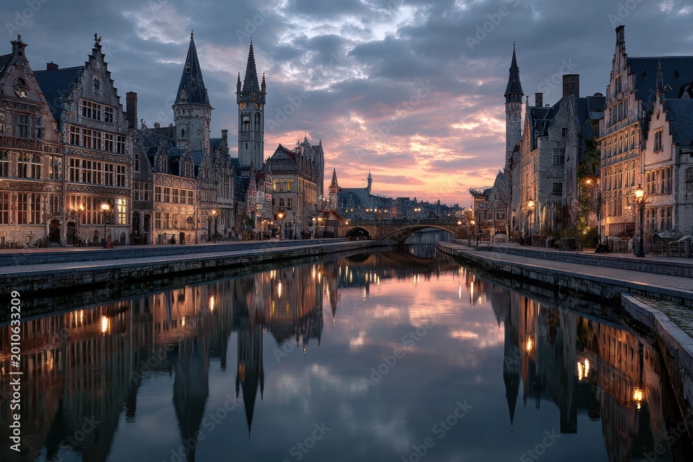 Fototapeta premium Ghent Medieval Skyline At Dusk Dramatic Belgium