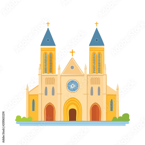 Illustrated church building with towers and cross vector design on white backdrop