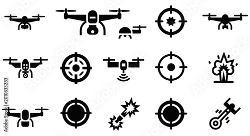 Valokuva Drones appear as black silhouettes alongside crosshair targets and explosion symbols on a clean white background