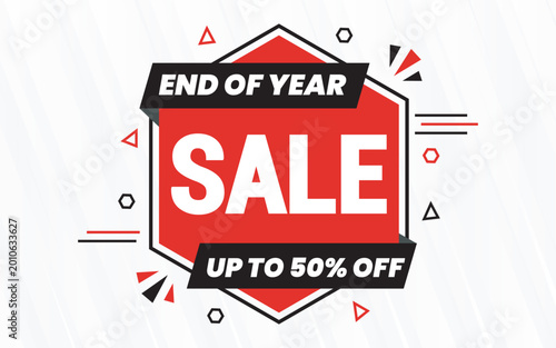 End of Year Sale Banner with Up to 50% Off Bold Hexagon Geometric Design