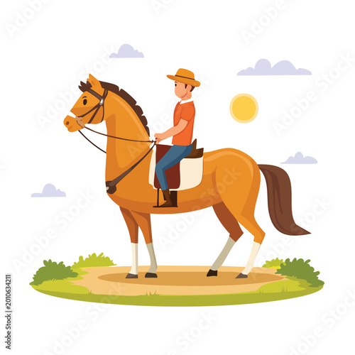 Man riding a horse on a sunny day in outdoor environment illustration