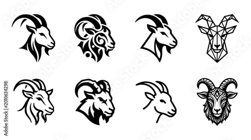Collection of various goat head illustrations.