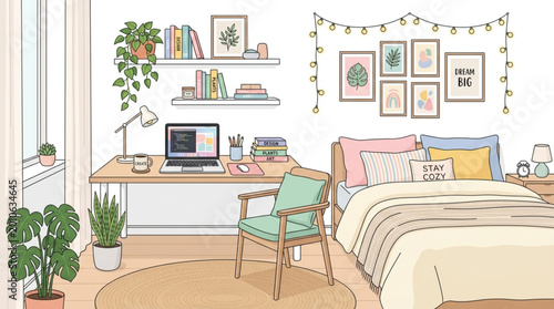Bild auf Leinwand Cozy bedroom interior with a desk and bed decorated with plants and art