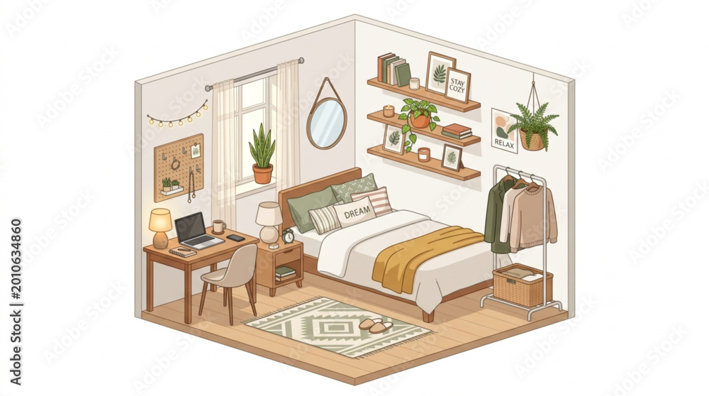 Fototapeta premium Cozy Scandinavian Bedroom Interior Design with Plants and Desk.