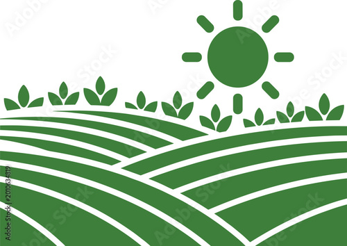 Abstract green farm landscape with rolling hills crops and shining sun symbol for organic agriculture and nature.