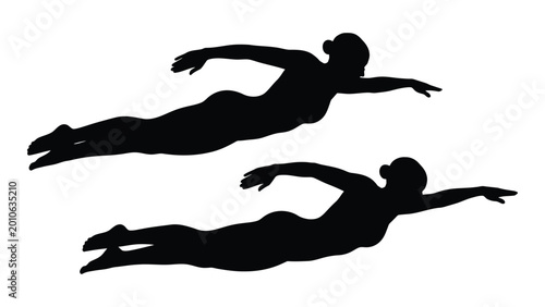 Konstfotografi Swimmer silhouette in action two figures in freestyle swimming pose black on whi