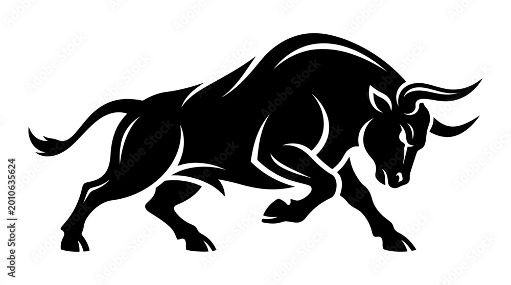Naklejka premium A black silhouette of a charging bull.