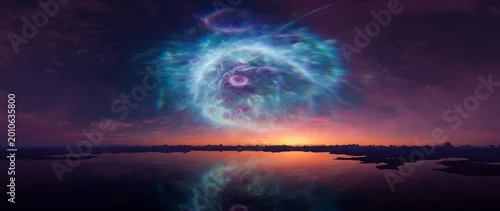 Panel kuchenny z motywem Surreal Blue Nebula Over Sunset Lake With Reflection and Distant Mountains — 3D Rendering