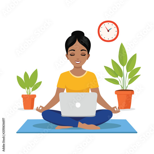 Woman meditating with laptop and plants online wellness concept