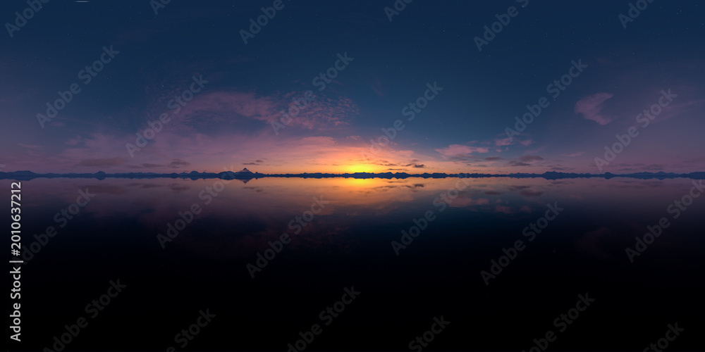 Fototapeta premium Panoramic Twilight Sunset Over Calm Lake With Mountain Silhouette and Mirror Reflection - 3D Rendering