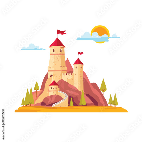 Cartoon castle on a hill with red flags trees and a bright sun illustration