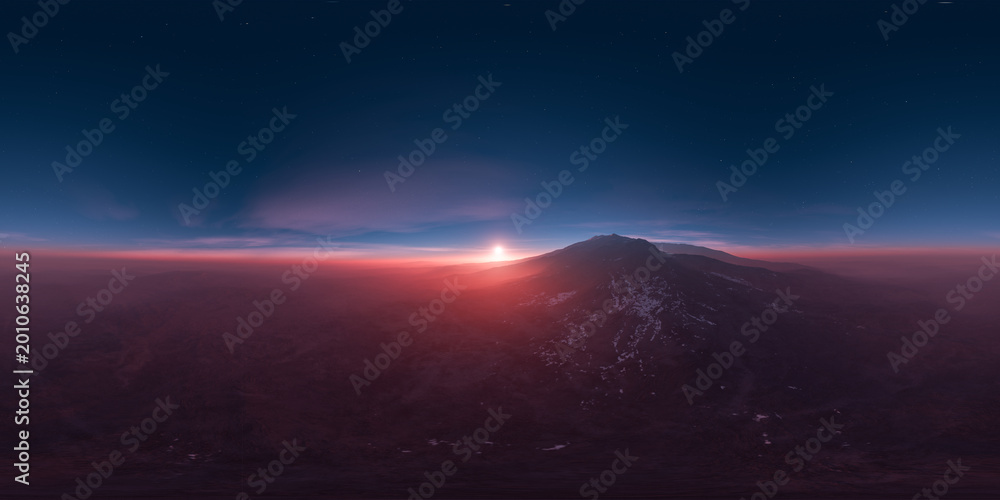 Obraz premium Epic Sunrise Over Mountain Landscape at Dawn With Starry Sky and Soft Pink Light - 3D Rendering