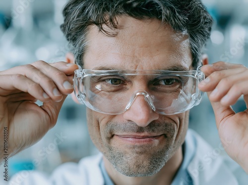 Scientist adjusts safety goggles, ready for laboratory work and research