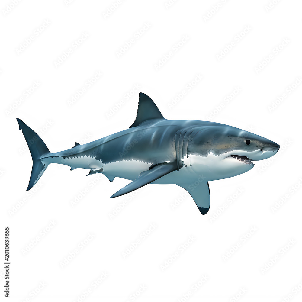 Naklejka premium Great white shark swimming in the deep blue ocean water isolated on transparent background