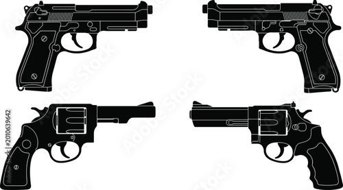 Photography Vector set of black handgun silhouettes featuring semi automatic pistols and rev