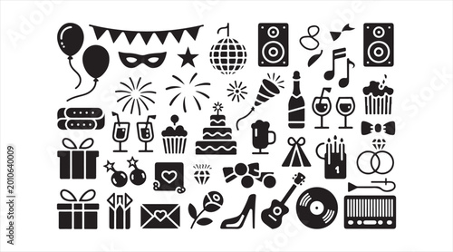 Party icon pack featuring music gifts and festive celebration design elements