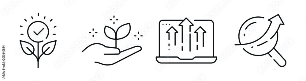 Obraz premium Growth and development icons showing plant progress and data trends. Editable stroke