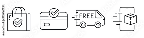 E commerce icons representing checkout and delivery process. Editable stroke