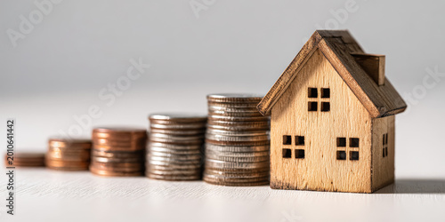 A small wooden house model beside stacked coins, symbolizing real estate investment and financial growth.
