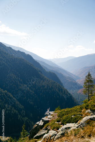 Young woman sitting on rock edge with peaceful mountain view in Fagaras Mountains, Romania. Transfagarasan Highway. Freedom, solo travel, mindfulness concept.