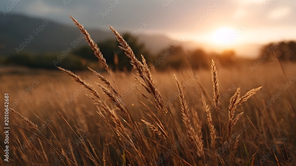 Naklejka premium Golden hour sunlight filtering through tall dry grasses in a peaceful open field at sunset