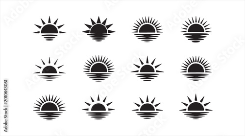 Black sun icon collection with sunrise and sunset symbols in minimal flat design