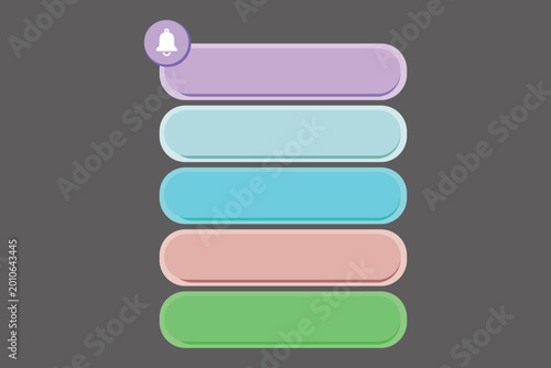 Five blank colorful rectangular labels with rounded corners and a notification bell icon for website interface design and task list management