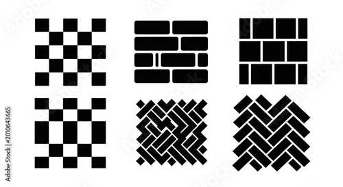 Black and white graphic patterns: checkerboard, brick, herringbone, parquet