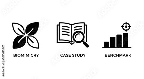 Biomimicry, Case Study, Benchmark Icons: Innovation, Research, Goal Achievement