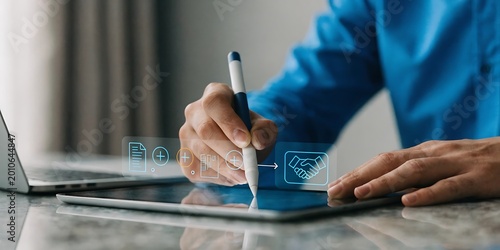 Procurement process management, Digital and paper document approval, contract verification, supplier negotiation, and business purchasing operations using laptop and approval document