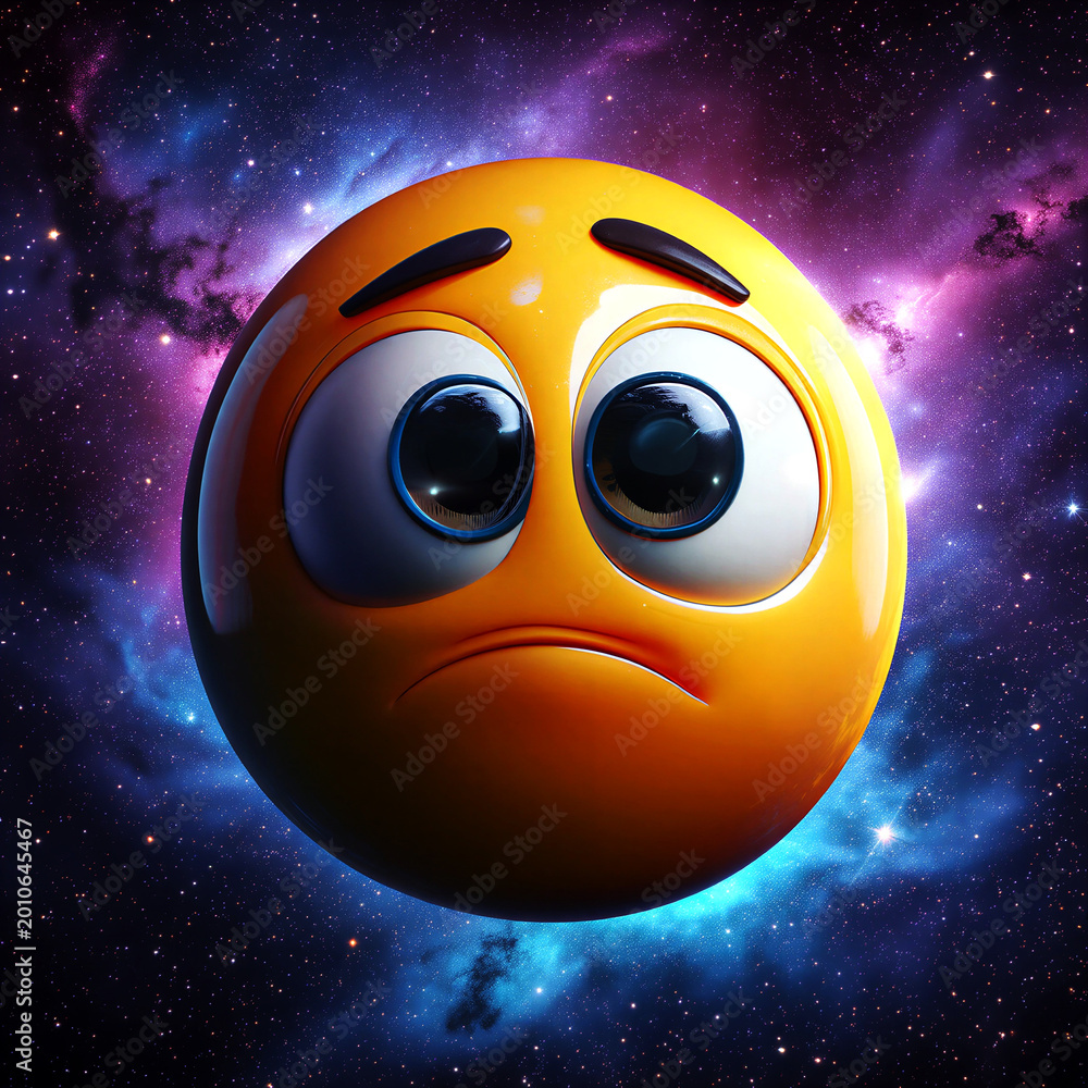 Naklejka premium Cute sad yellow emoji with big eyes and furrowed eyebrows floating in colorful cosmic space background