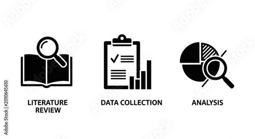 Research Process Icons: Literature Review, Data Collection, Analysis