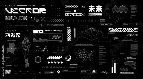Futuristic Sci-fi design graphic box with HUD interface, digital lettering, cyberpunk elements for typography, t-shirt, streetwear. Vector Cyberpunk HUD, UI set. Translation from Japanese - future
