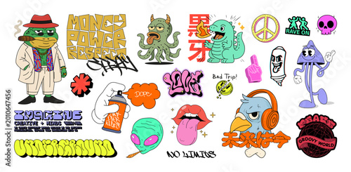 Streetwear Sticker and Print Set – Сartoon characters, Graffiti, Psychedelic, Retro Art. Сartoon characters, lettering, groovy. Vector set. Translation from Japanese - Black Fang, The Future is Now.