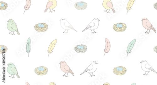 Schilderij op canvas Cute Bird and Nest Seamless Pattern - Pastel Colors, Hand-Drawn Style