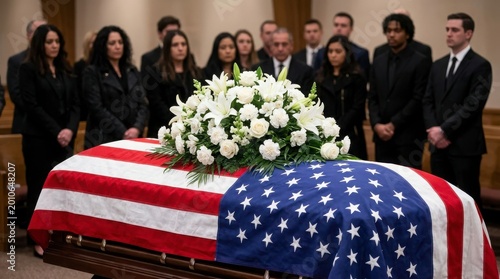 american flag draped coffin with mourners at funeral