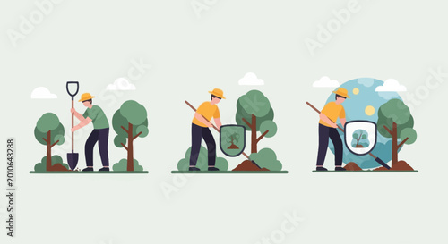 Foto Man planting tree, protecting sapling with shield and global tree care