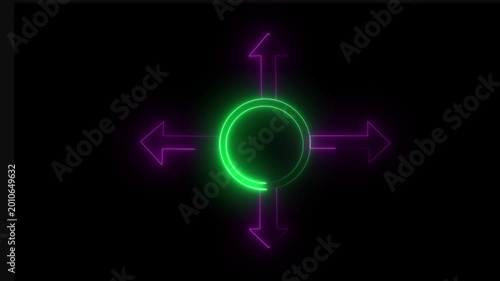 A glowing neon circle with four upward-pointing arrows against a deep black background.