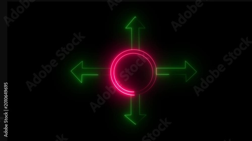 A glowing neon circle with four upward-pointing arrows against a deep black background.