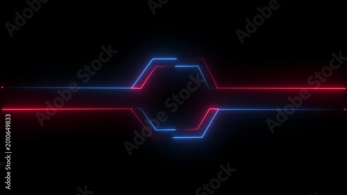 blue and red neon hexagon frame loop animation with black background.
