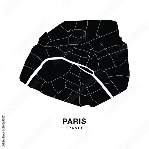 Detailed black silhouette map of Paris, France, with city districts and boundaries. Perfect for travel posters, urban prints, and geographic infographics.