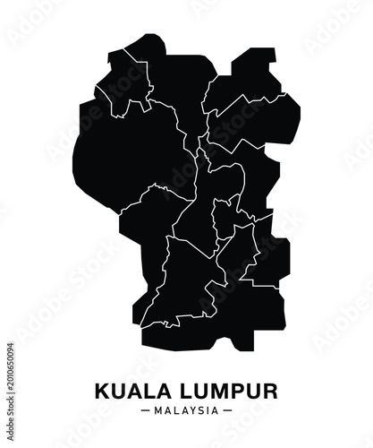 Detailed black silhouette map of Kuala Lumpur, Malaysia, with city districts and boundaries. Perfect for travel posters, urban prints, and geographic infographics.
