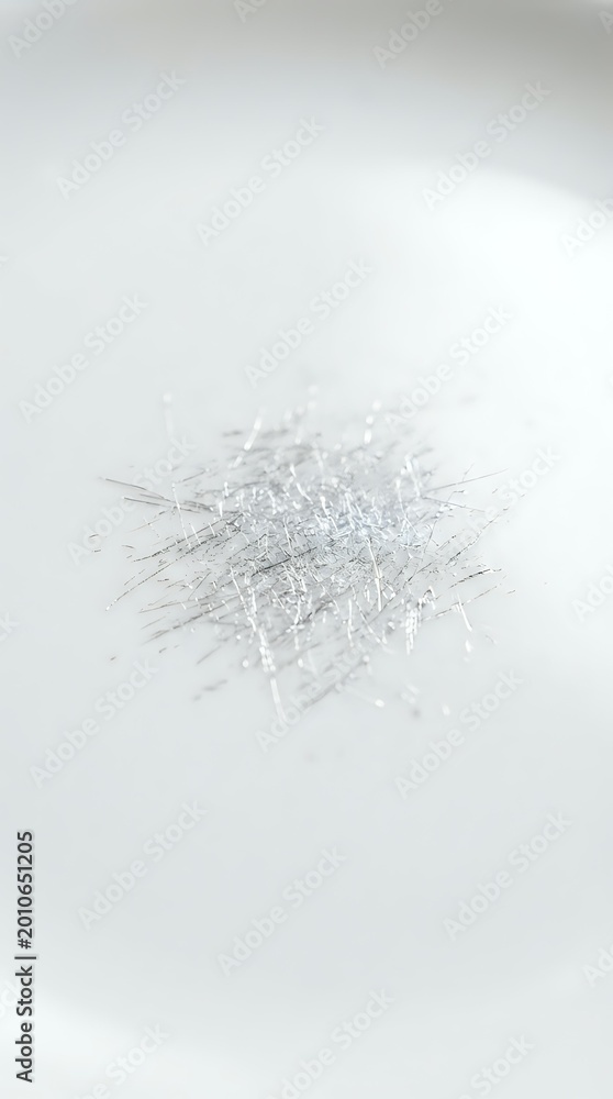 Fototapeta premium Pile of fine silver metallic threads scattered on white background creating abstract texture pattern for craft and textile design projects.