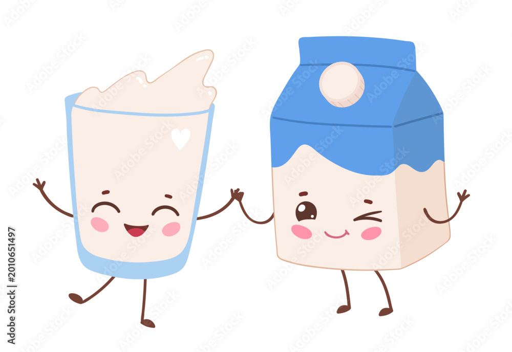 Fototapeta premium Vector illustration of cute milk glass and milk carton characters with smiling faces. Flat kawaii dairy drink isolated objects.
