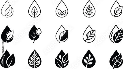 Eco Friendly Water Drop and Leaf Icon Set Featuring Organic Bio Nature Symbols for Natural Cosmetics Environment Ecology and Healthy Lifestyle Brand Vector Illustration