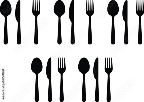 Cutlery Silhouette Icon Set Featuring Classic Spoon Knife and Fork Settings for Restaurant Dining Cafe Catering and Kitchen Tableware Vector Illustration