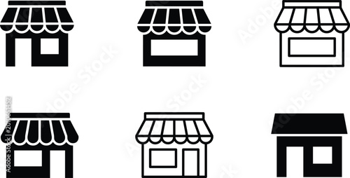 Vector Store Front Icon Set Featuring Black and Outline Local Shop Facades Boutique Marketplaces and Small Business Retail Buildings Design Vector Illustration