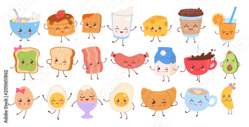 Vector illustration of cute breakfast food and drink characters with smiling faces. Flat kawaii collection of morning meal isolated objects.